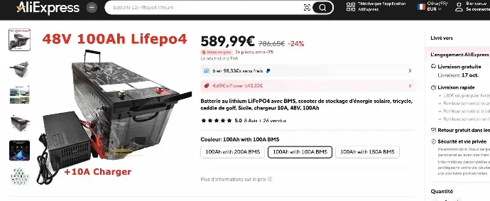 Batterie au lithium LiFePO4 avec BMS, chargeur 10A, 48V, 100Ah