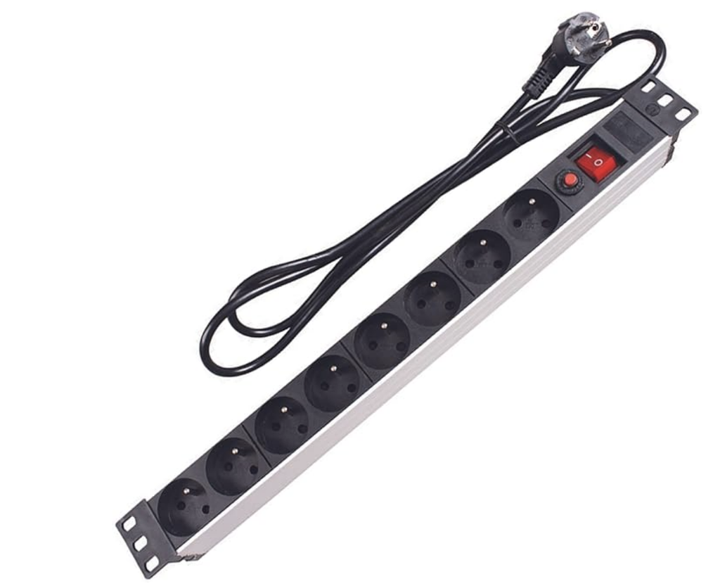 Perel Bloc multiprise PDU avec Interrupteur, Protection Contre Les surcharges, 8 Prises avec Terre (Type E), câble de 2,15 m, 3G1.5, adaptée pour Une Utilisation en intérieur, adaptée pour Rack 19